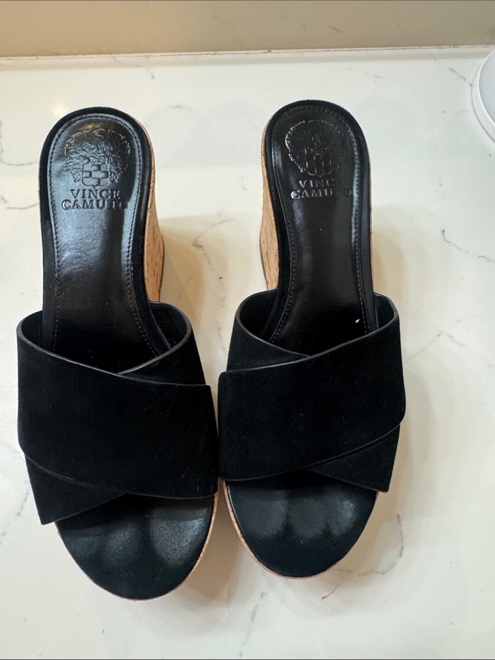 Vince Camuto Black Suede Crisscross Cork Wedge Sandals